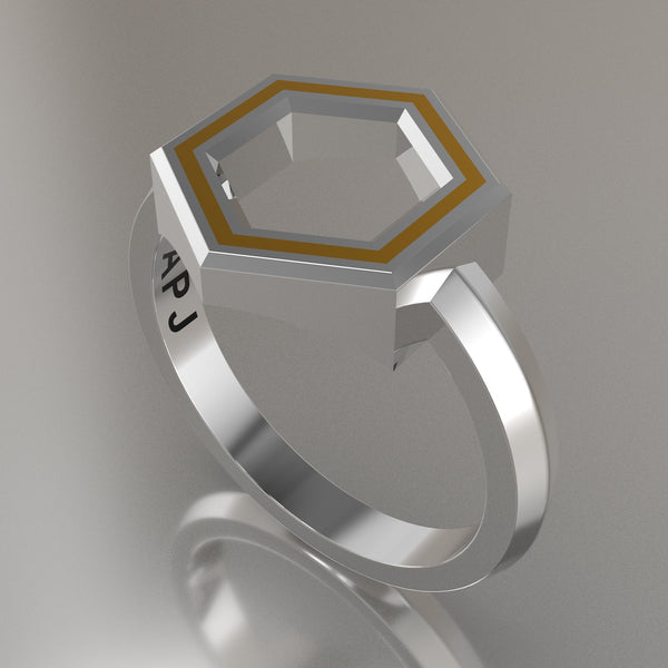 Silver Geometric Hexagon Ring, Yellow Resin Solid Sterling Silver Standard Design
