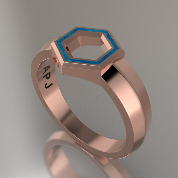 Rose Gold Geometric Hexagon Signet Ring, Blue Swirl Resin Solid 14kt Rose Gold Petite Signet Design