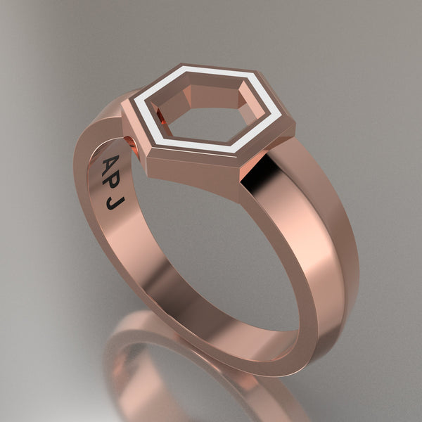 Rose Gold Geometric Hexagon Signet Ring, White Resin Solid 14kt Rose Gold Petite Signet Design
