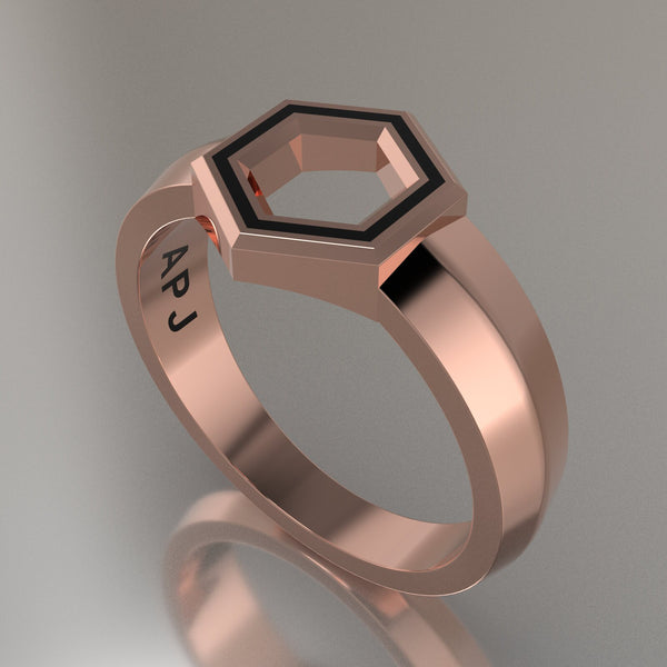 Rose Gold Geometric Hexagon Signet Ring, Black Resin Solid 14kt Rose Gold Petite Signet Design