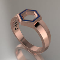 Rose Gold Geometric Hexagon Signet Ring, Blue Resin Solid 14kt Rose Gold Petite Signet Design