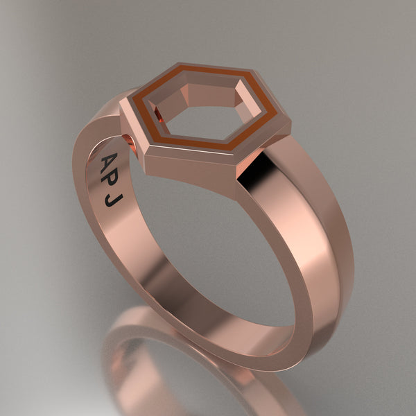 Rose Gold Geometric Hexagon Signet Ring, Orange Resin Solid 14kt Rose Gold Petite Signet Design