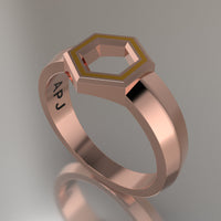 Rose Gold Geometric Hexagon Signet Ring, Yellow Resin Solid 14kt Rose Gold Petite Signet Design