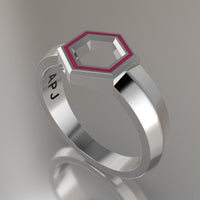 White Gold Geometric Hexagon Signet Ring, Transparent Pink Resin Solid 14kt White Gold Petite Signet Design