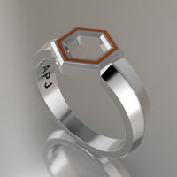 White Gold Geometric Hexagon Signet Ring, Orange Resin Solid 14kt White Gold Petite Signet Design