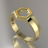 Yellow Gold Geometric Hexagon Signet Ring, Shimmer Gold Resin Solid 14kt Yellow Gold Petite Signet Design