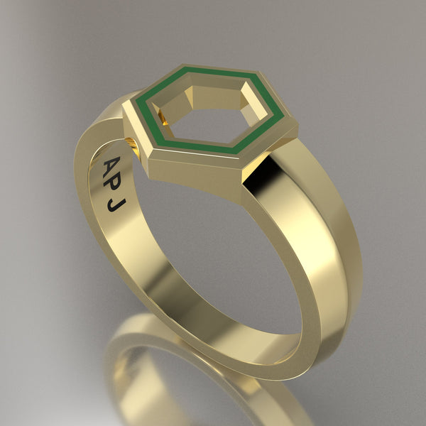 Yellow Gold Geometric Hexagon Signet Ring, Transparent Green Resin Solid 14kt Yellow Gold Petite Signet Design