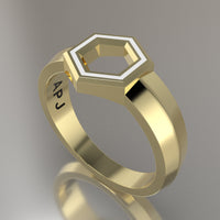 Yellow Gold Geometric Hexagon Signet Ring, White Resin Solid 14kt Yellow Gold Petite Signet Design