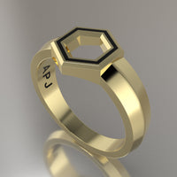 Yellow Gold Geometric Hexagon Signet Ring, Black Resin Solid 14kt Yellow Gold Petite Signet Design