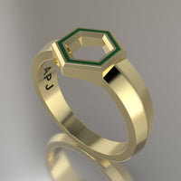 Yellow Gold Geometric Hexagon Signet Ring, Green Resin Solid 14kt Yellow Gold Petite Signet Design