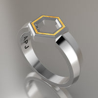 Silver Geometric Hexagon Signet Ring, Shimmer Gold Resin Solid Sterling Silver Petite Signet Design