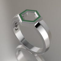 Silver Geometric Hexagon Signet Ring, Transparent Green Resin Solid Sterling Silver Petite Signet Design