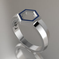Silver Geometric Hexagon Signet Ring, Blue Resin Solid Sterling Silver Petite Signet Design