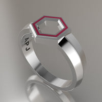 Silver Geometric Hexagon Signet Ring, Pink Resin Solid Sterling Silver Petite Signet Design