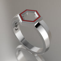 Silver Geometric Hexagon Signet Ring, Red Resin Solid Sterling Silver Petite Signet Design
