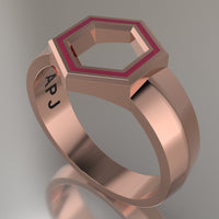Rose Gold Geometric Hexagon Signet Ring, Transparent Pink Resin Solid 14kt Rose Gold Standard Signet Design