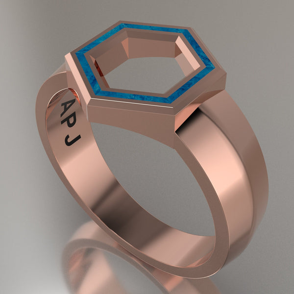 Rose Gold Geometric Hexagon Signet Ring, Blue Swirl Resin Solid 14kt Rose Gold Standard Signet Design