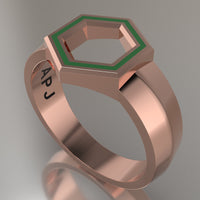 Rose Gold Geometric Hexagon Signet Ring, Transparent Green Resin Solid 14kt Rose Gold Standard Signet Design