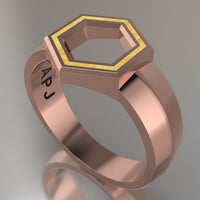 Rose Gold Geometric Hexagon Signet Ring, Shimmer Gold Resin Solid 14kt Rose Gold Standard Signet Design