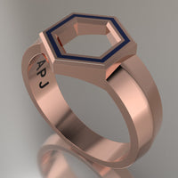 Rose Gold Geometric Hexagon Signet Ring, Royal Blue Resin Solid 14kt Rose Gold Standard Signet Design