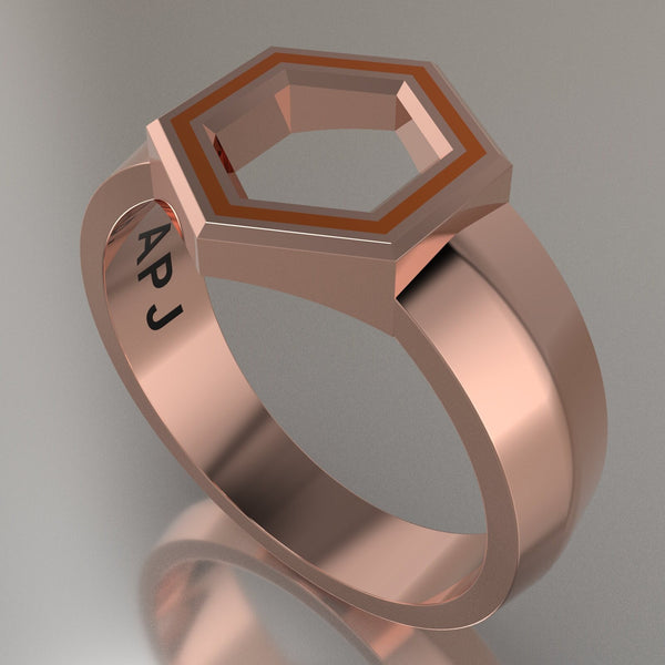 Rose Gold Geometric Hexagon Signet Ring, Orange Resin Solid 14kt Rose Gold Standard Signet Design