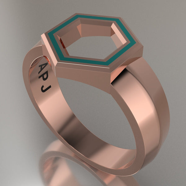 Rose Gold Geometric Hexagon Signet Ring, Turquoise Resin Solid 14kt Rose Gold Standard Signet Design