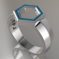 White Gold Geometric Hexagon Signet Ring, Blue Swirl Resin Solid 14kt White Gold Standard Signet Design
