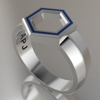 White Gold Geometric Hexagon Signet Ring, Blue Resin Solid 14kt White Gold Standard Signet Design