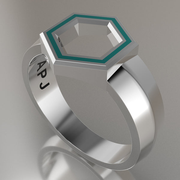 White Gold Geometric Hexagon Signet Ring, Turquoise Resin Solid 14kt White Gold Standard Signet Design