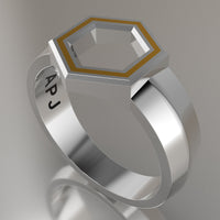 White Gold Geometric Hexagon Signet Ring, Yellow Resin Solid 14kt White Gold Standard Signet Design