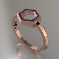 Rose Gold Geometric Hexagon Ring, Blue Resin Solid 14kt Rose Gold Petite Design