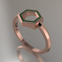 Rose Gold Geometric Hexagon Ring, Green Resin Solid 14kt Rose Gold Petite Design
