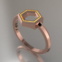 Rose Gold Geometric Hexagon Ring, Shimmer Gold Resin Solid 14kt Rose Gold Petite Design