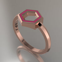 Rose Gold Geometric Hexagon Ring, Transparent Pink Resin Solid 14kt Rose Gold Petite Design