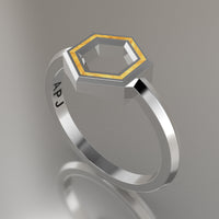 White Gold Geometric Hexagon Ring, Shimmer Gold Resin Solid 14kt White Gold Petite Design