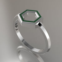 White Gold Geometric Hexagon Ring, Green Resin Solid 14kt White Gold Petite Design