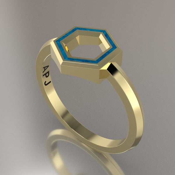 Yellow Gold Geometric Hexagon Ring, Blue Swirl Resin Solid 14kt Yellow Gold Petite Design