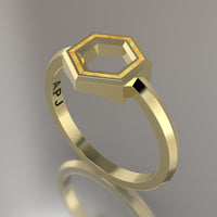 Yellow Gold Geometric Hexagon Ring, Shimmer Gold Resin Solid 14kt Yellow Gold Petite Design