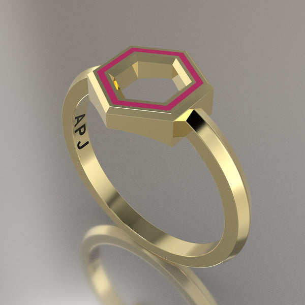 Yellow Gold Geometric Hexagon Ring, Transparent Pink Resin Solid 14kt Yellow Gold Petite Design