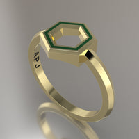 Yellow Gold Geometric Hexagon Ring, Green Resin Solid 14kt Yellow Gold Petite Design