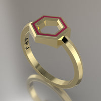 Yellow Gold Geometric Hexagon Ring, Pink Resin Solid 14kt Yellow Gold Petite Design