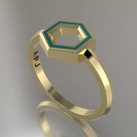 Yellow Gold Geometric Hexagon Ring, Turquoise Resin Solid 14kt Yellow Gold Petite Design