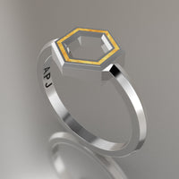 Silver Geometric Hexagon Ring, Shimmer Gold Resin Solid Sterling Silver Petite Design