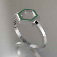 Silver Geometric Hexagon Ring, Transparent Green Resin Solid Sterling Silver Petite Design