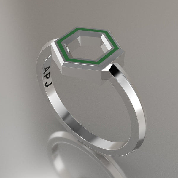 Silver Geometric Hexagon Ring, Transparent Green Resin Solid Sterling Silver Petite Design