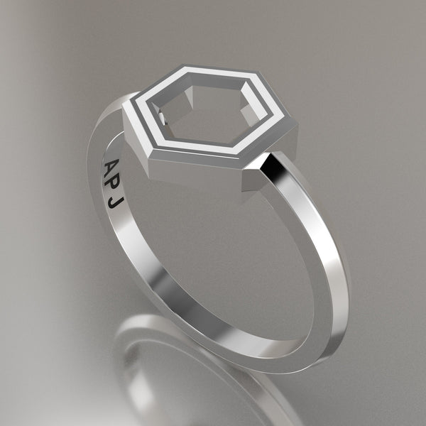 Silver Geometric Hexagon Ring, White Resin Solid Sterling Silver Petite Design