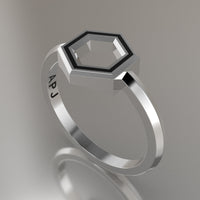 Silver Geometric Hexagon Ring, Black Resin Solid Sterling Silver Petite Design