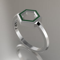 Silver Geometric Hexagon Ring, Green Resin Solid Sterling Silver Petite Design
