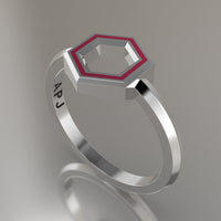 Silver Geometric Hexagon Ring, Pink Resin Solid Sterling Silver Petite Design