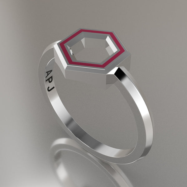 Silver Geometric Hexagon Ring, Pink Resin Solid Sterling Silver Petite Design